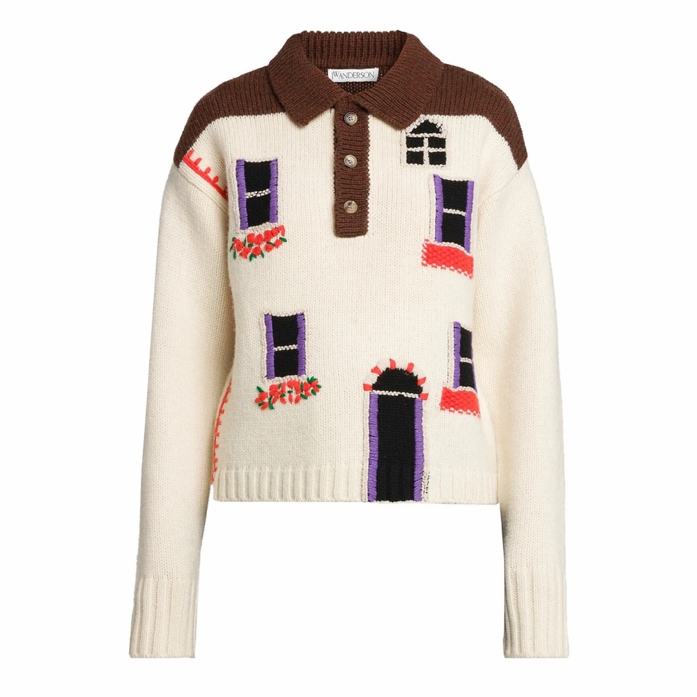 JW Anderson House Polo Intarsia Wool Sweater Ivory Cream Flax Chunky Knit XS